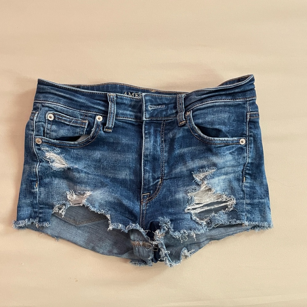 Dark wash denim jean shorts regular waist height